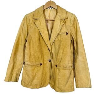 Vintage 70s Corduroy Blazer Casual Gold Cream Leather Trim - S